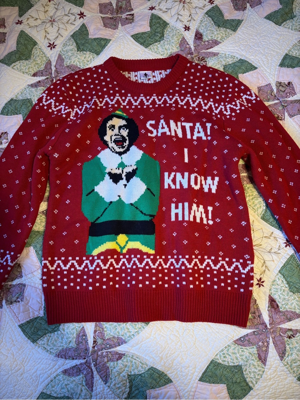 ELF Red Crewneck Holiday Sweater with Green Elf Graphic